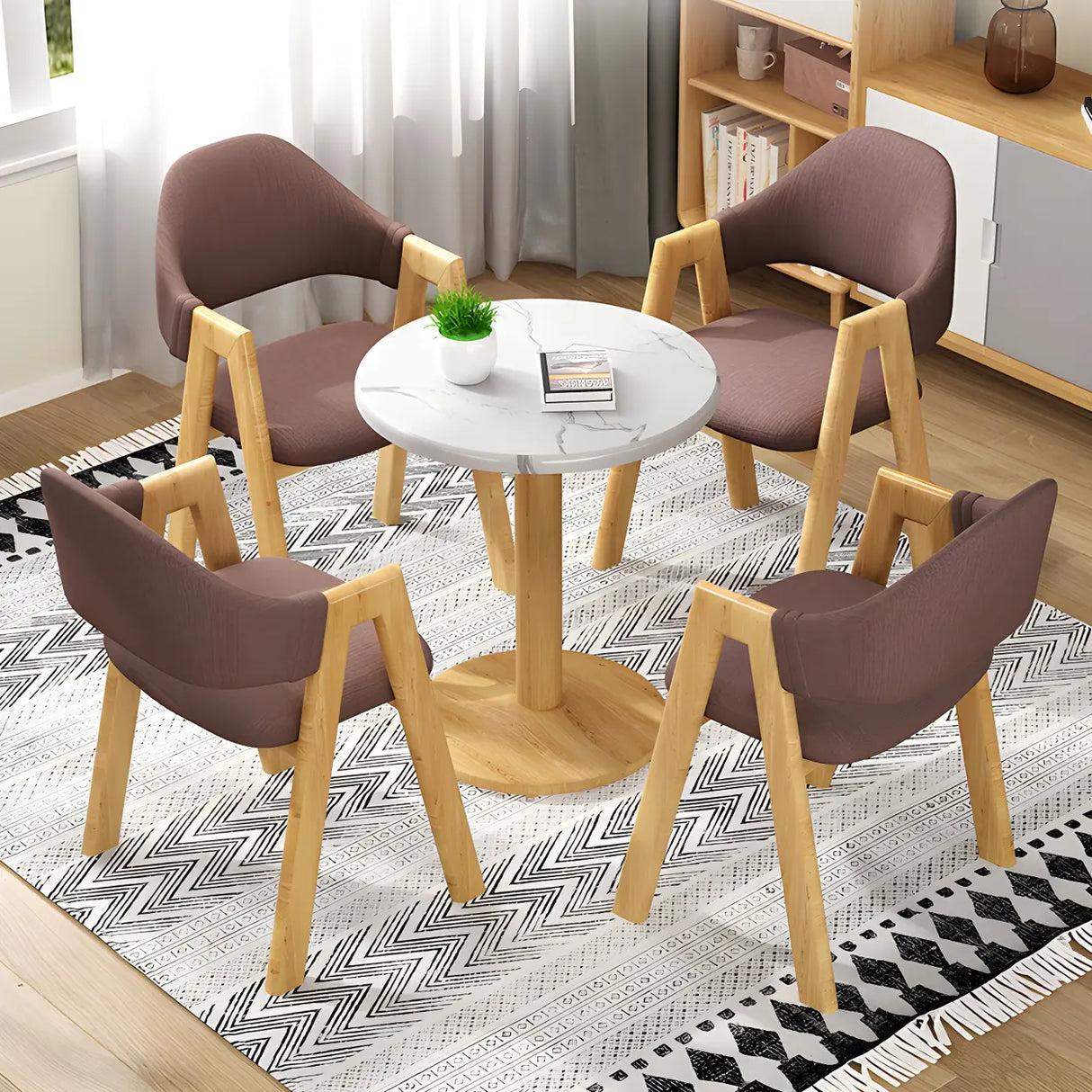 Open Back Cotton Leather Dining Arm Chair with Wood Leg Image - 22