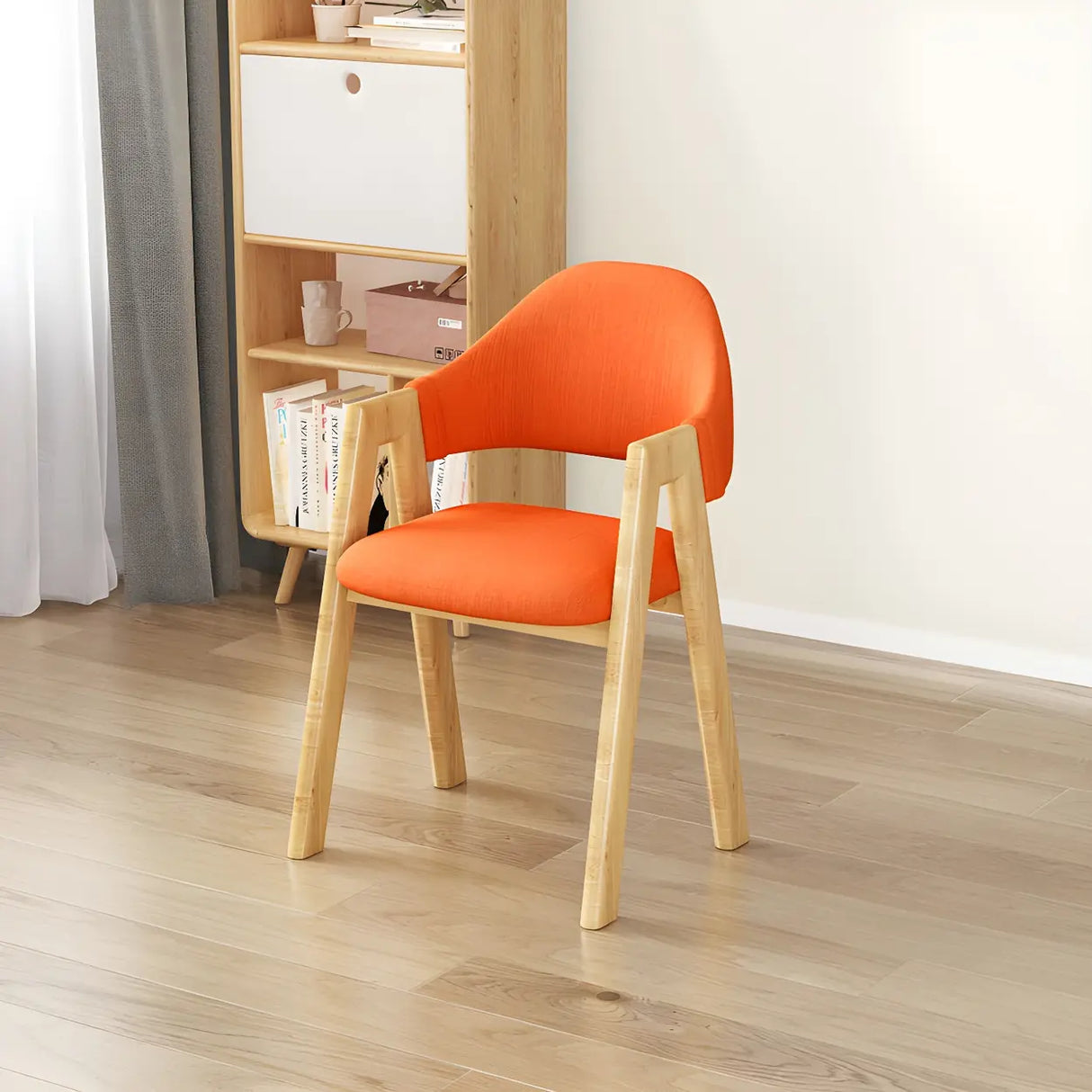 Open Back Cotton Leather Dining Arm Chair with Wood Leg Image - 64