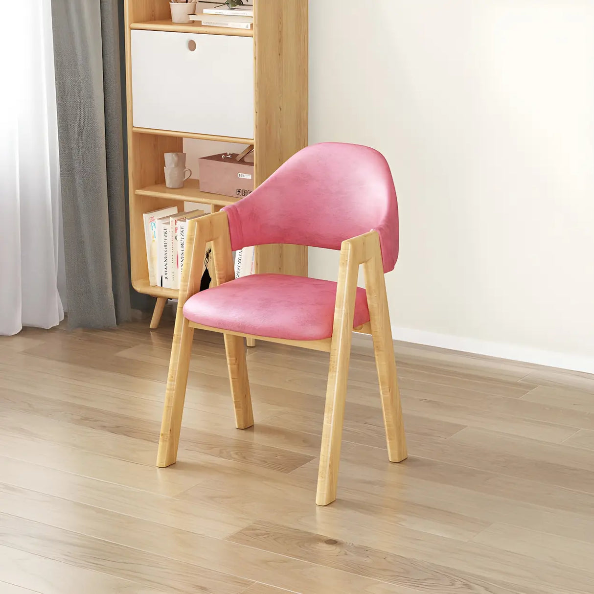Open Back Cotton Leather Dining Arm Chair with Wood Leg Image - 70