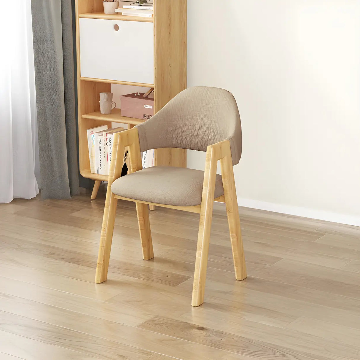 Open Back Cotton Leather Dining Arm Chair with Wood Leg Image - 73