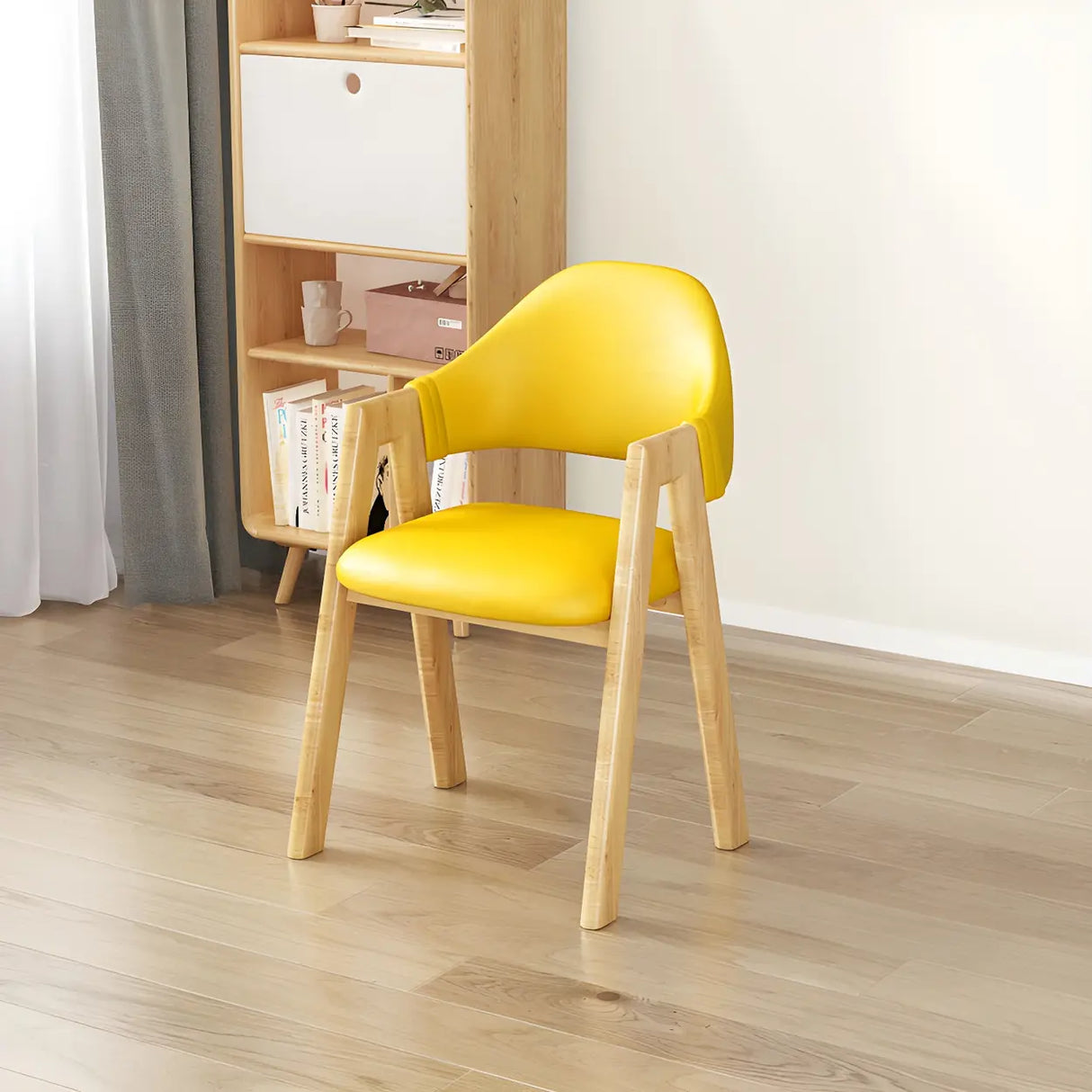 Open Back Cotton Leather Dining Arm Chair with Wood Leg Image - 8