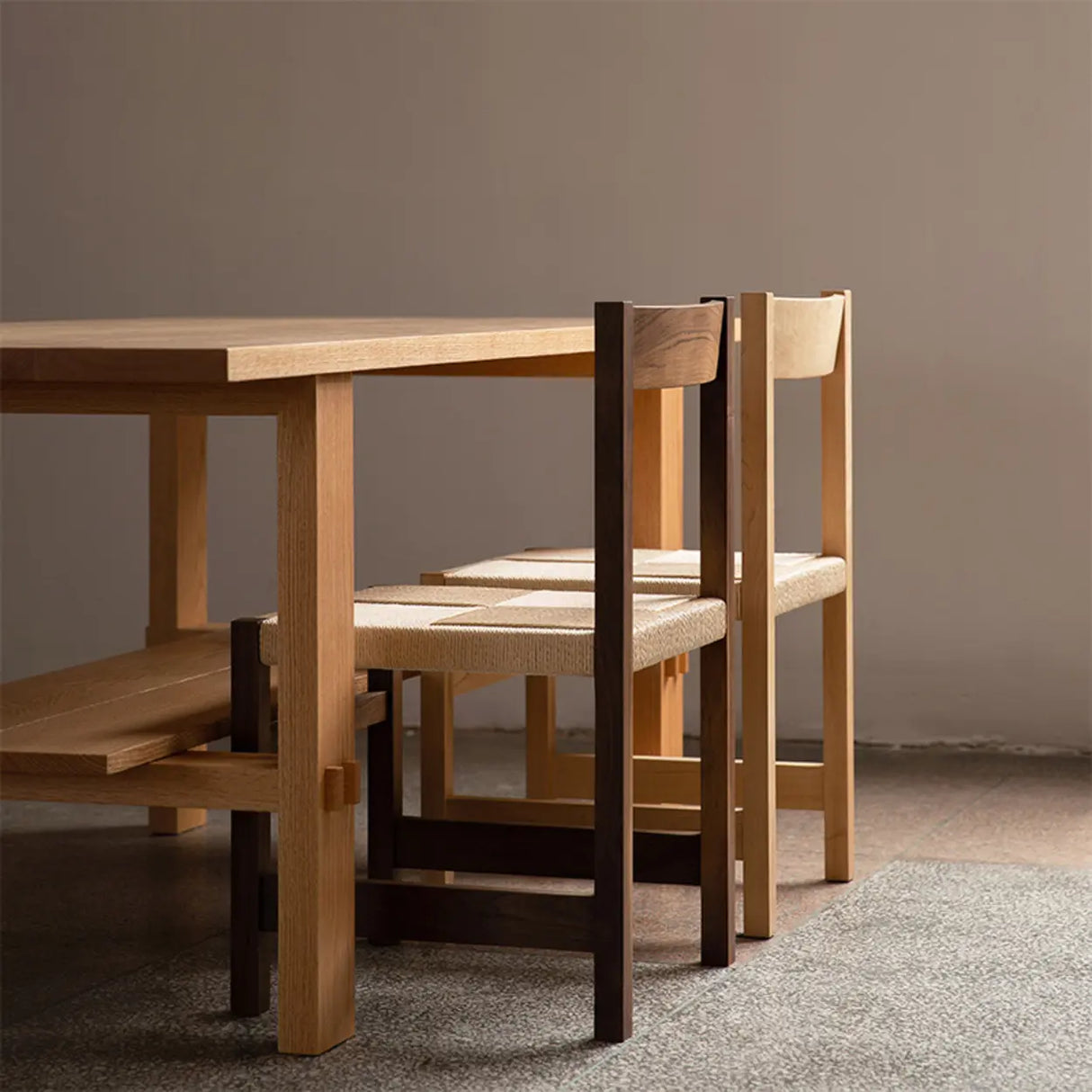 Open Braided Rope Seat Rectangle Wood Dining Chair Image - 2