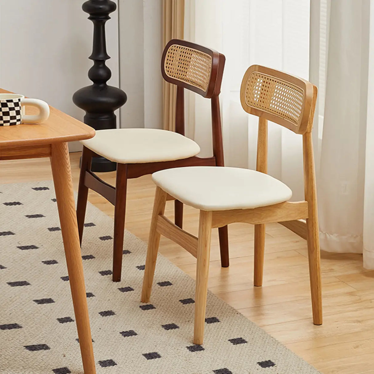 Open Cane Back Faux Leather Seating Wood Dining Chairs Image - 1