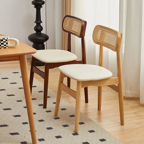 Open Cane Back Faux Leather Seating Wood Dining Chairs Image - 1