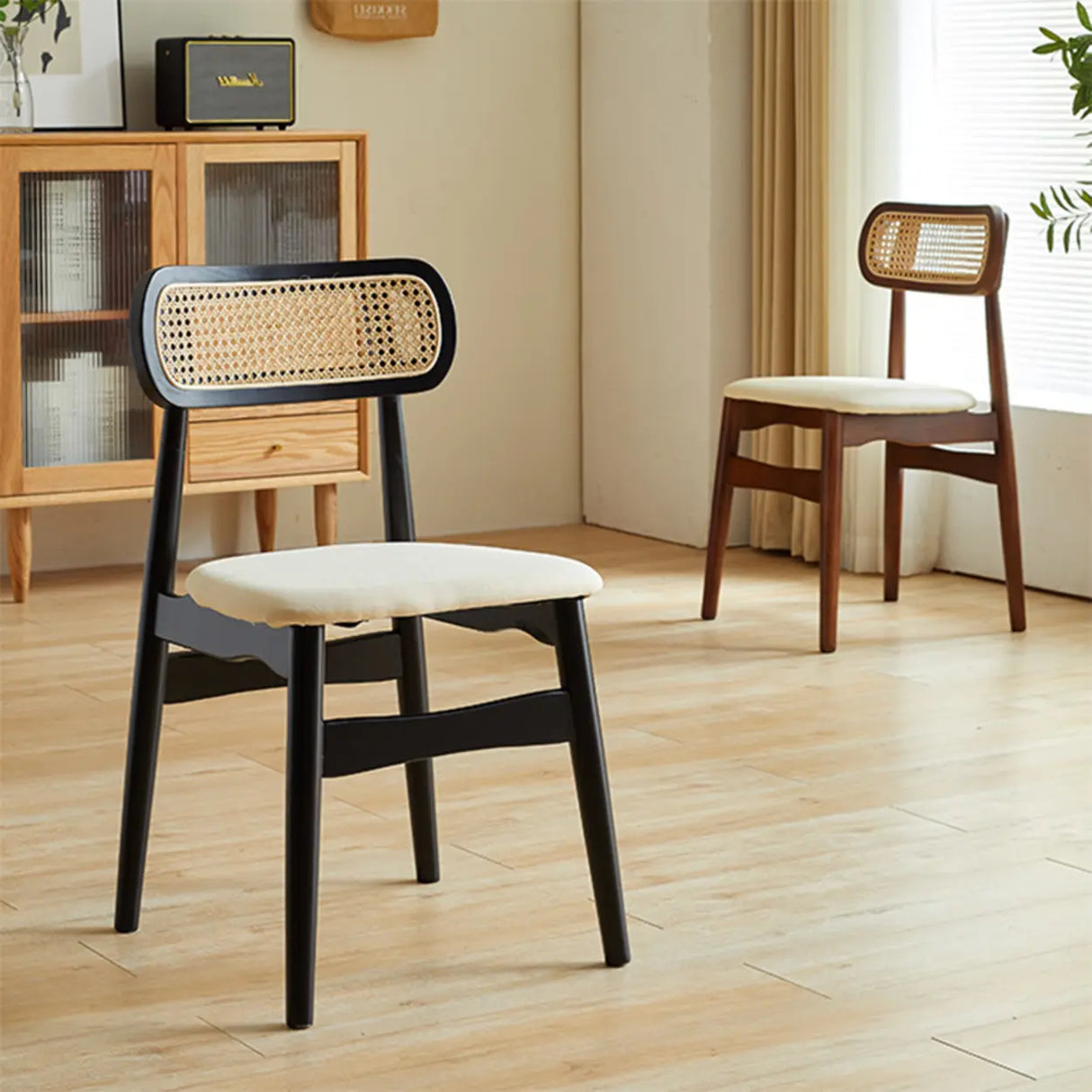 Open Cane Back Faux Leather Seating Wood Dining Chairs Image - 4