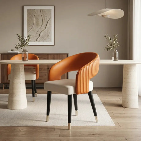 Open Curved Ribbed Back Faux Leather Dining Chairs Image - 1