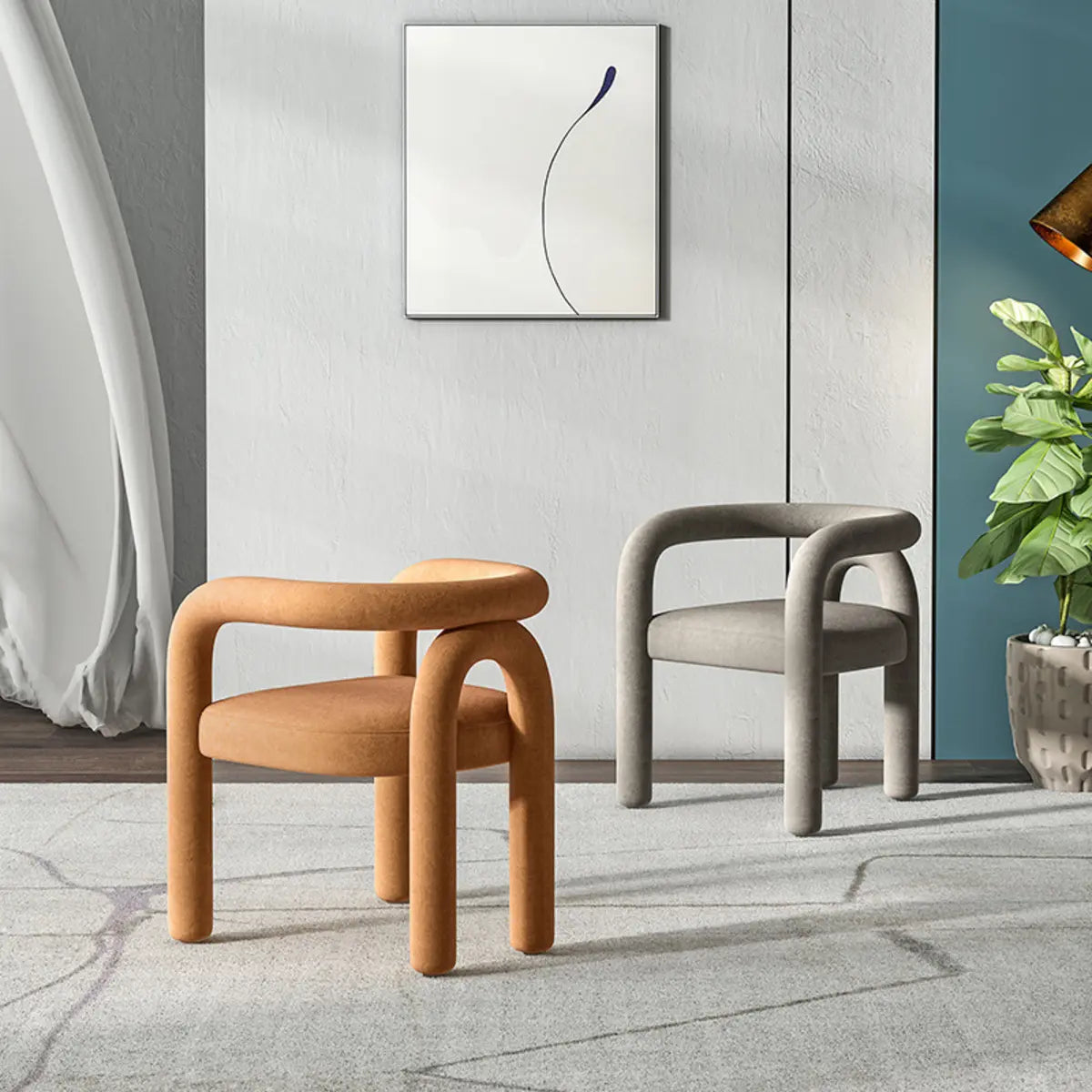 Open Curved Slat Back Upholstered Arm Dining Chair Image - 3
