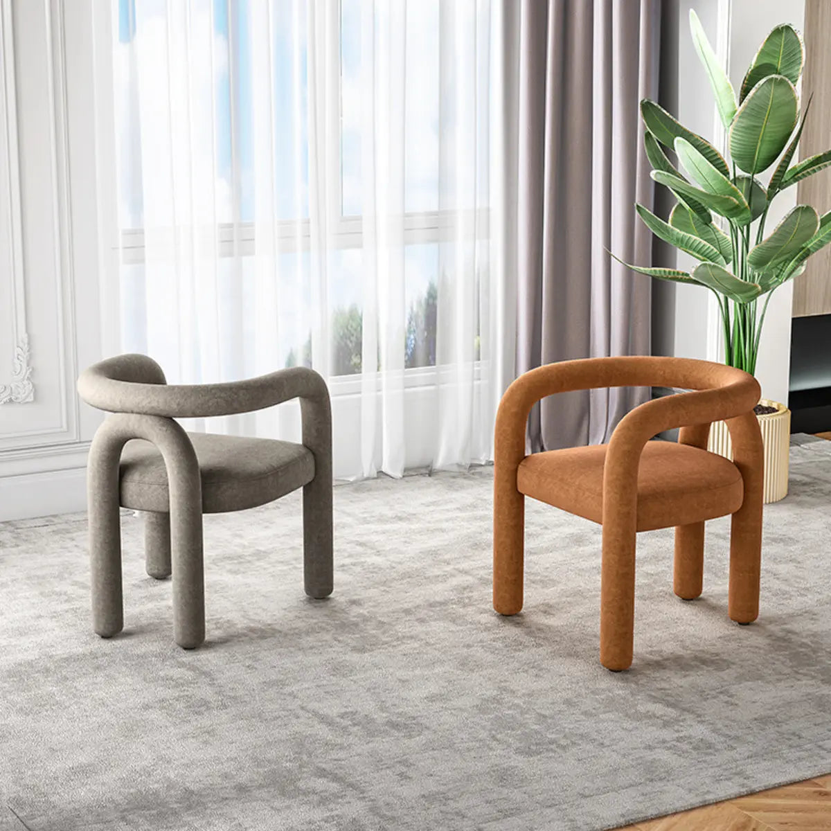 Open Curved Slat Back Upholstered Arm Dining Chair Image - 4
