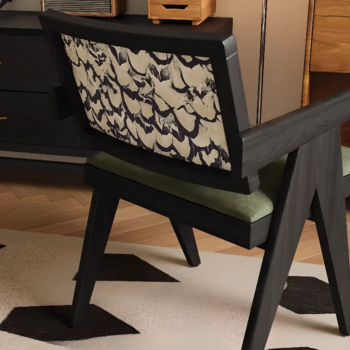 Open Pattern Back Cotton Arm Dining Chair Olive Green Image - 10