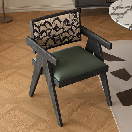 Open Pattern Back Cotton Arm Dining Chair Olive Green Image - 1