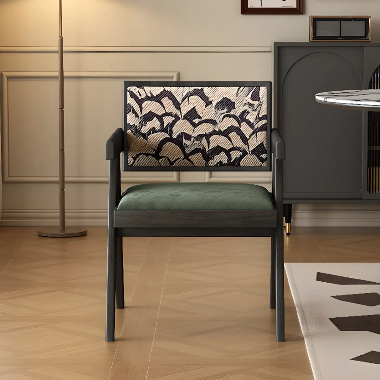 Open Pattern Back Cotton Arm Dining Chair Olive Green Image - 3