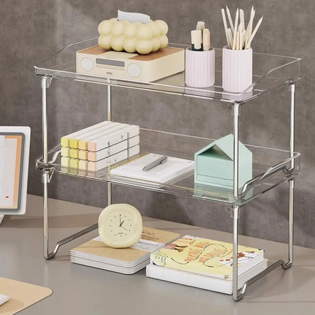 Open Simple Two-Tier Metal Glass Storage Bookshelf Image - 1
