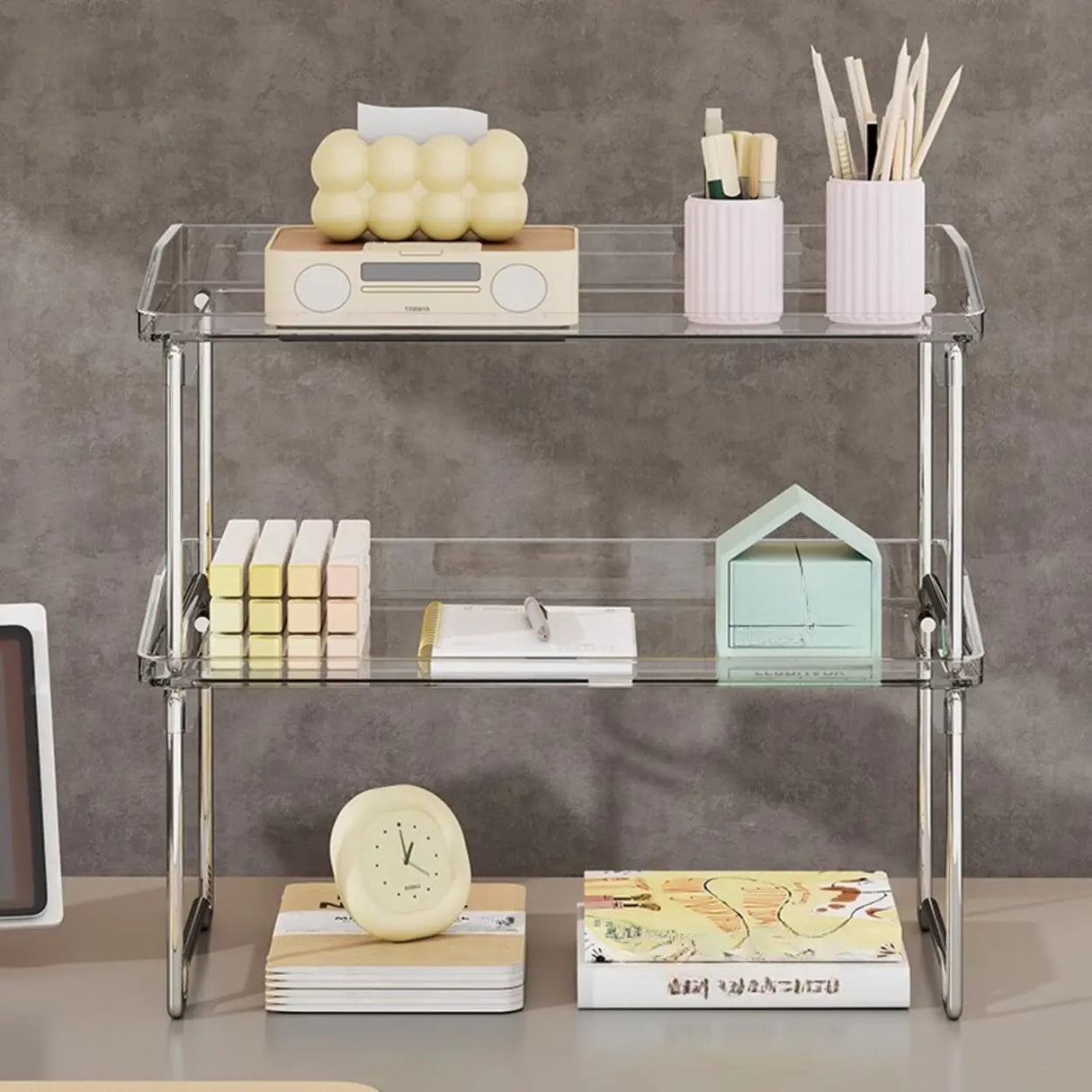 Open Simple Two-Tier Metal Glass Storage Bookshelf Image - 2