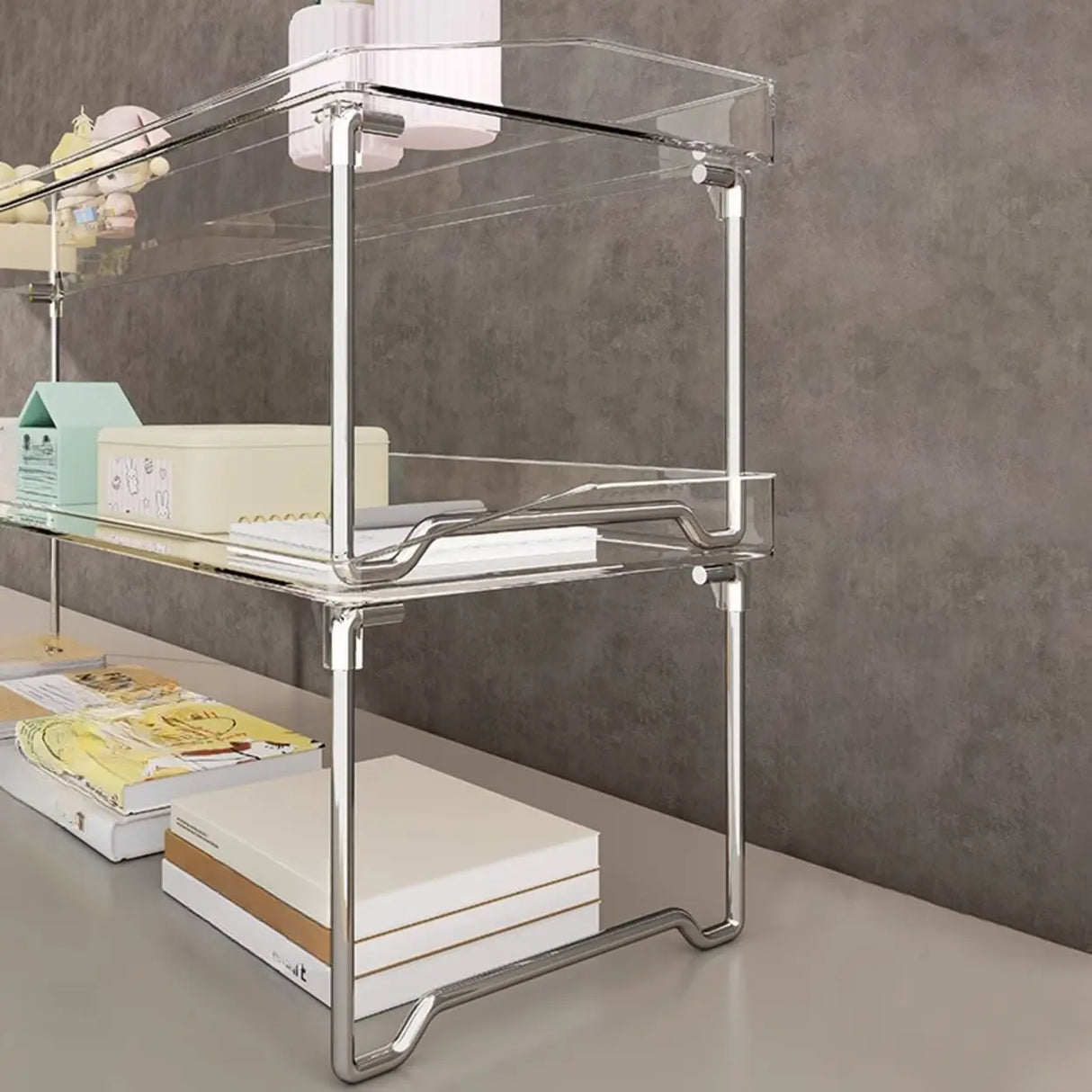 Open Simple Two-Tier Metal Glass Storage Bookshelf Image - 5