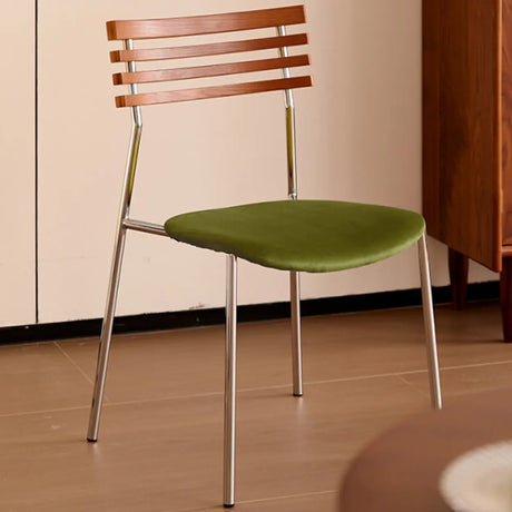 Open Slat Back Fabric Cushion Metal Dining Chair Green Image - 1