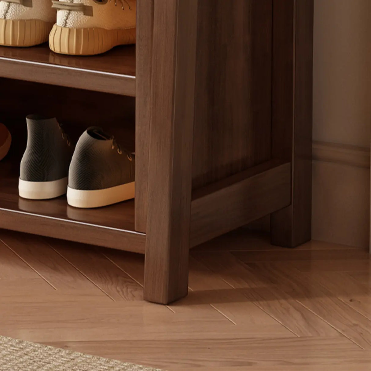 Open Storage Brown Shelves Wood Coat Rack with Drawers Image - 11