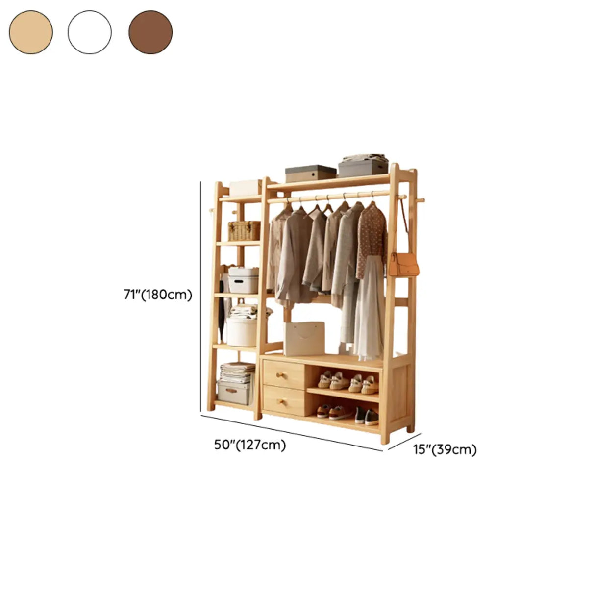 Open Storage Brown Shelves Wood Coat Rack with Drawers 