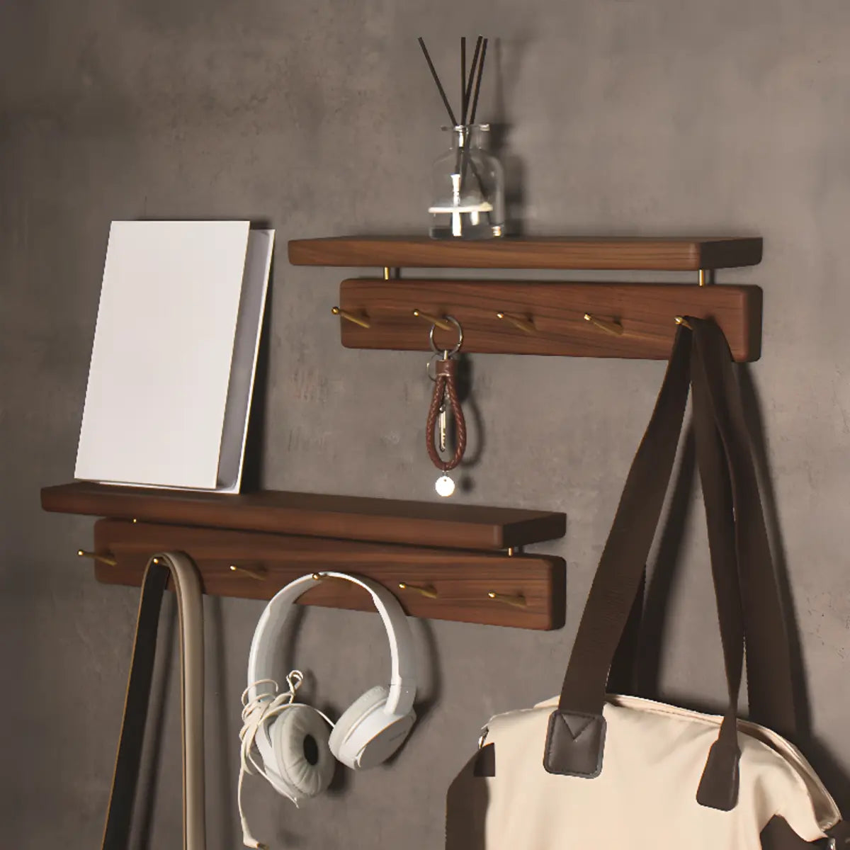 Open Storage Walnut Wall-Mounted Coat Rack with Shelf Image - 8