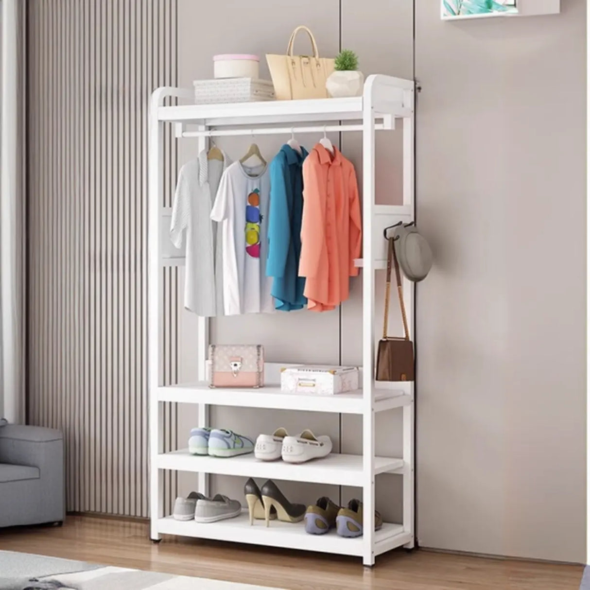 Open Storage White Steel Frame Entryway Hooks Coat Rack Image - 7