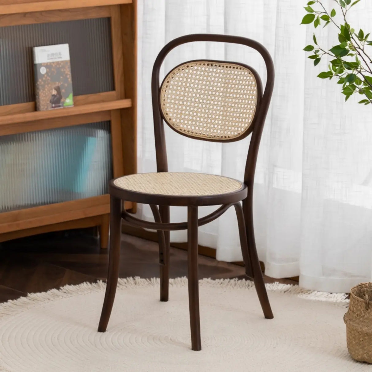 Open Wove Back Round Wood Dining Chair Dark Walnut Image - 3