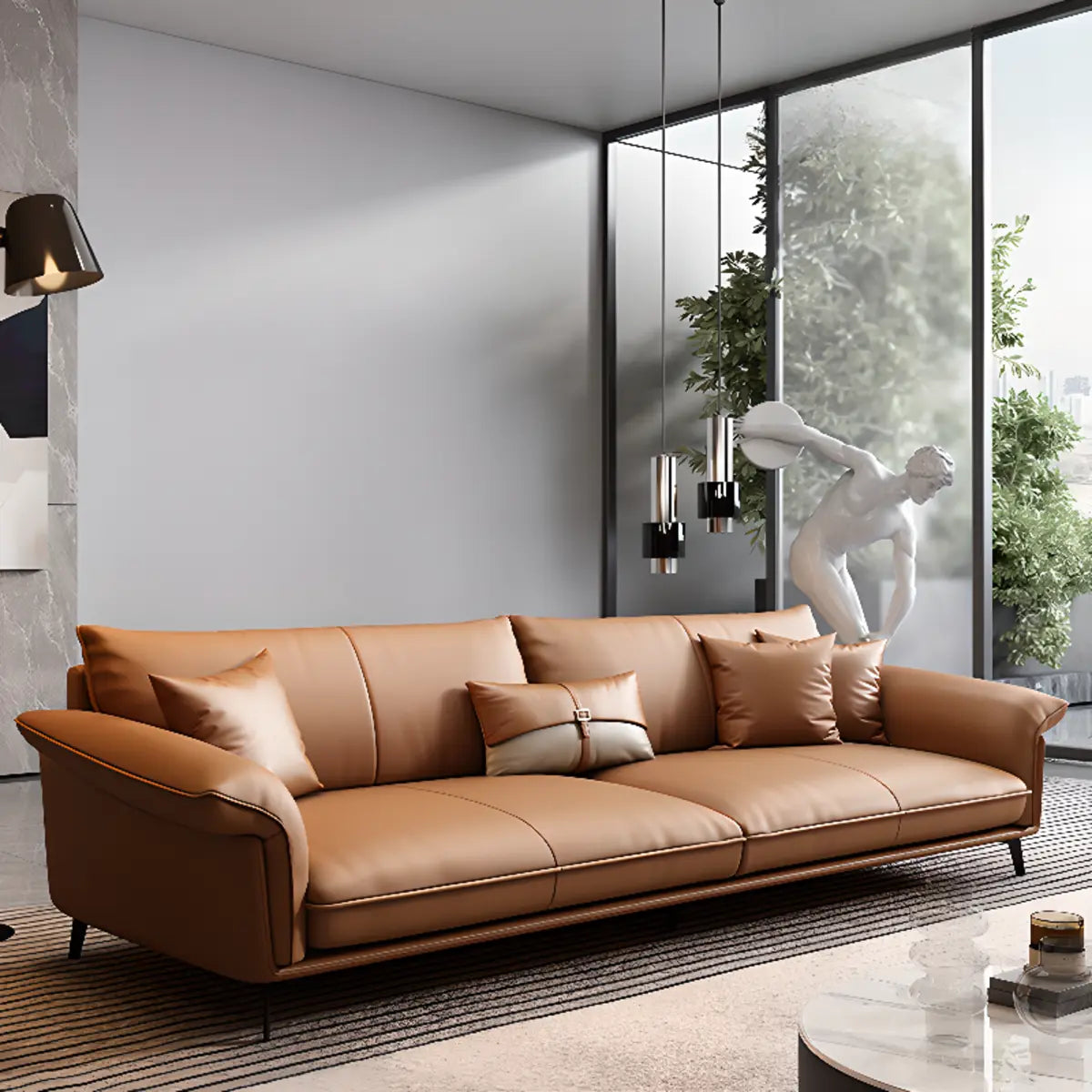 Orange Cowhide Reception Sofa with Legs and Arms Image - 1
