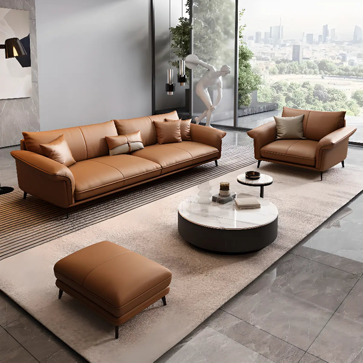 Orange Cowhide Reception Sofa with Legs and Arms Image - 4