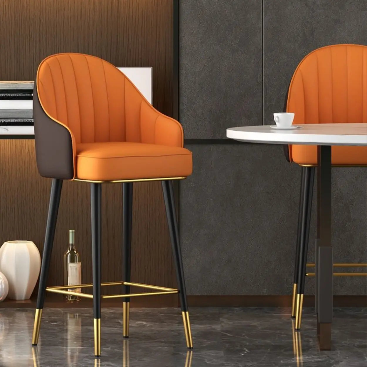 Orange Curved Leather Tall Bistro Stool with Armrest Image - 1