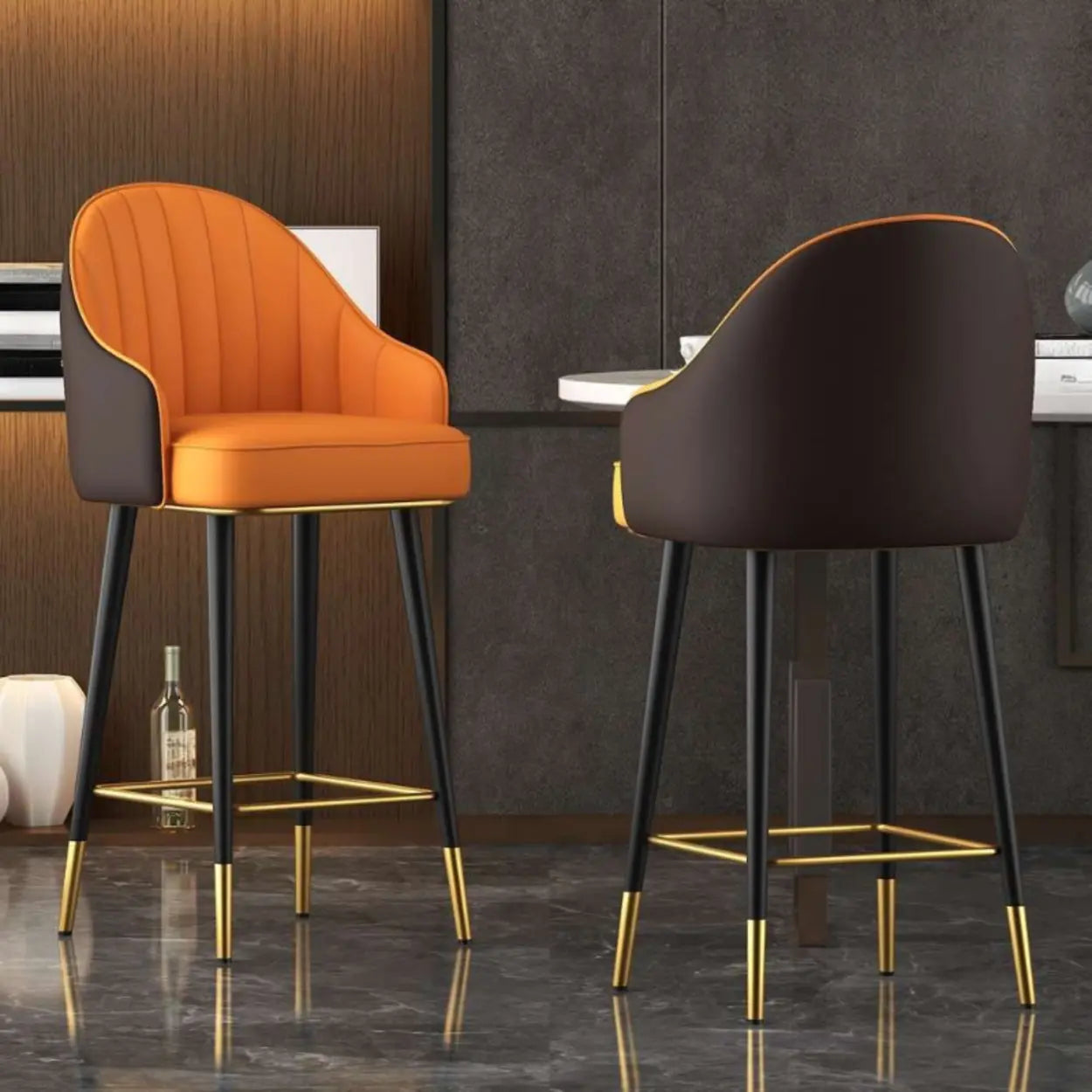 Orange Curved Leather Tall Bistro Stool with Armrest