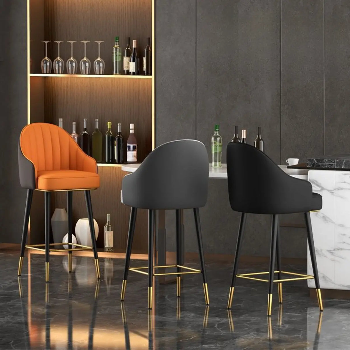 Orange Curved Leather Tall Bistro Stool with Armrest Image - 2