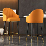 Orange Curved Leather Tall Bistro Stool with Armrest Image - 4