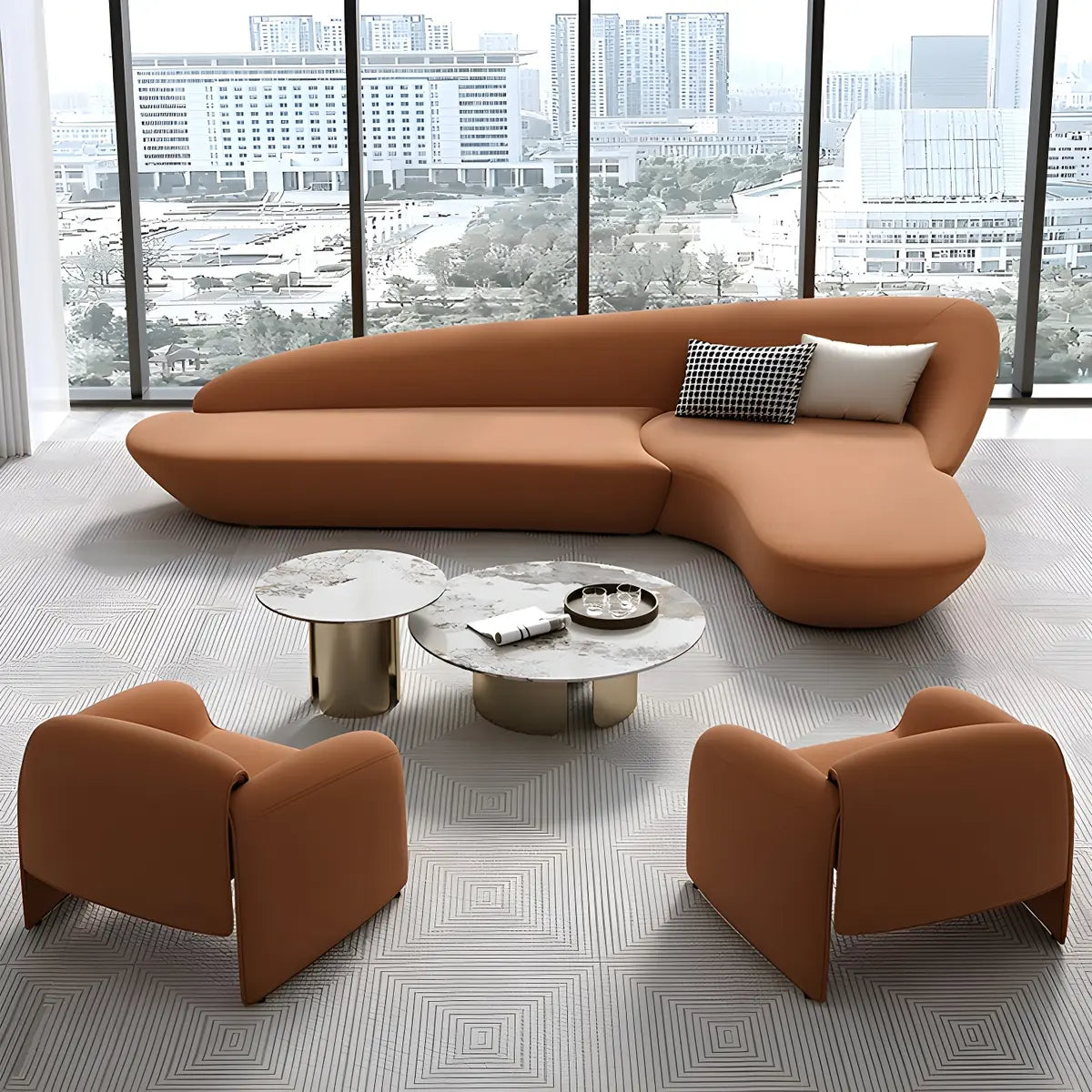 Orange Curved Tight Back Reception Sofa with Pillow Image - 6