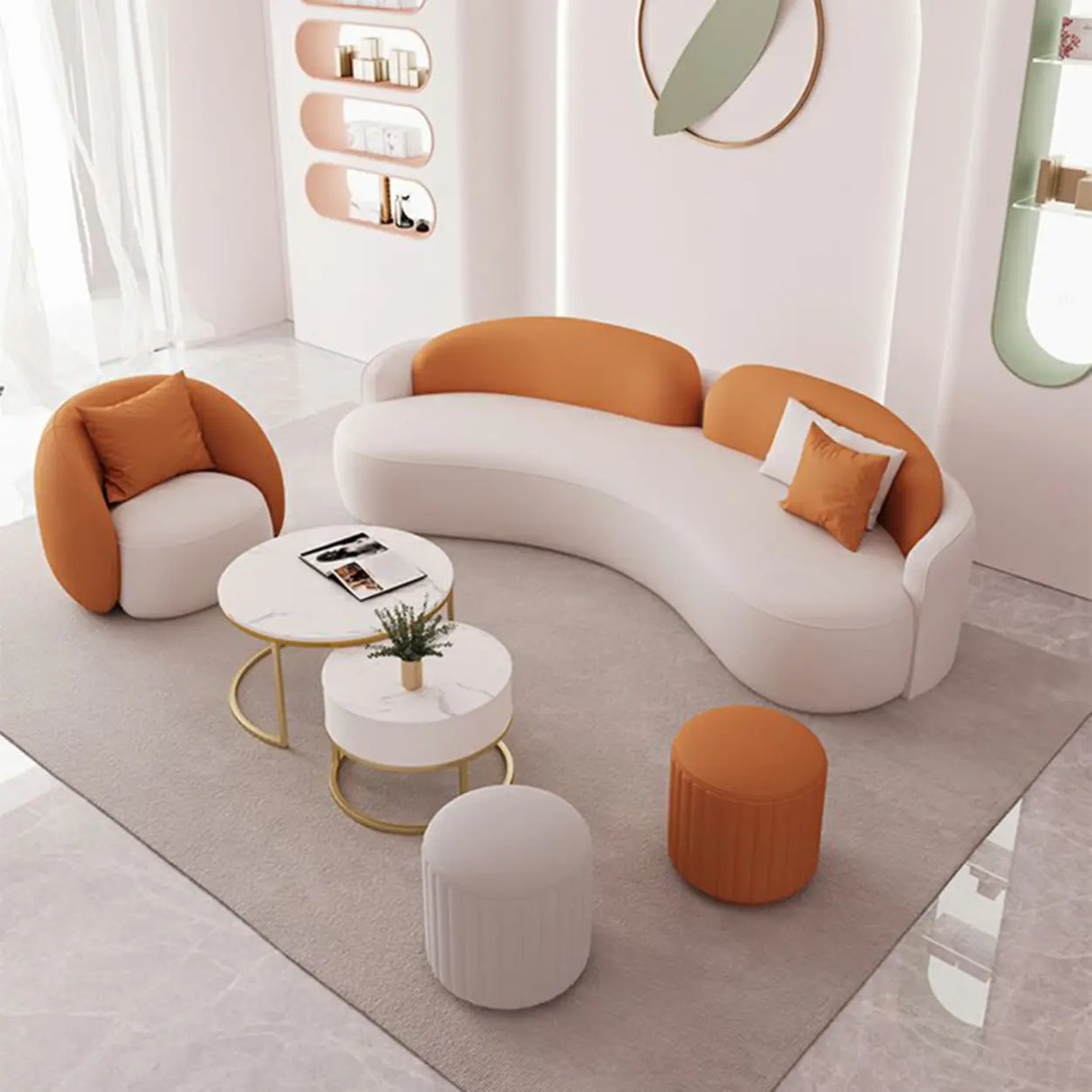 Orange Curved Waterproof Leather Sofa Seating Group Image - 3