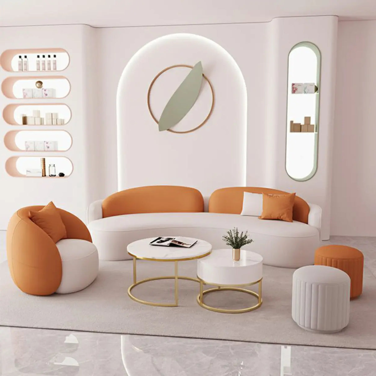Orange Curved Waterproof Leather Sofa Seating Group Image - 5