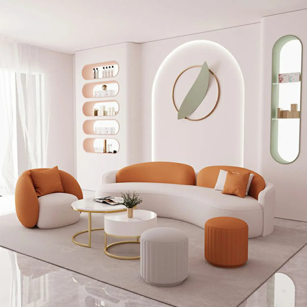 Orange Curved Waterproof Leather Sofa Seating Group Image - 7