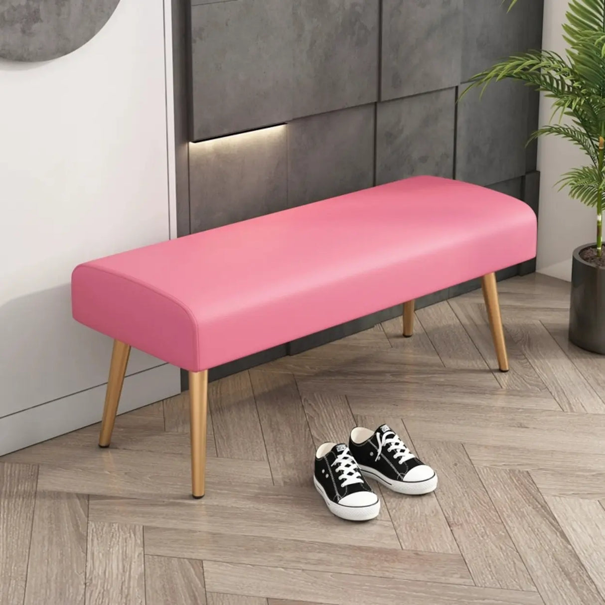 Orange Faux Leather Cushioned Bedroom Bench with Legs Image - 7