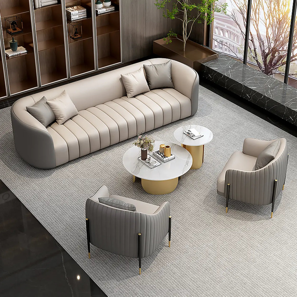 Orange Grey Leather Upholstered Back Reception Sofa Set Image - 4