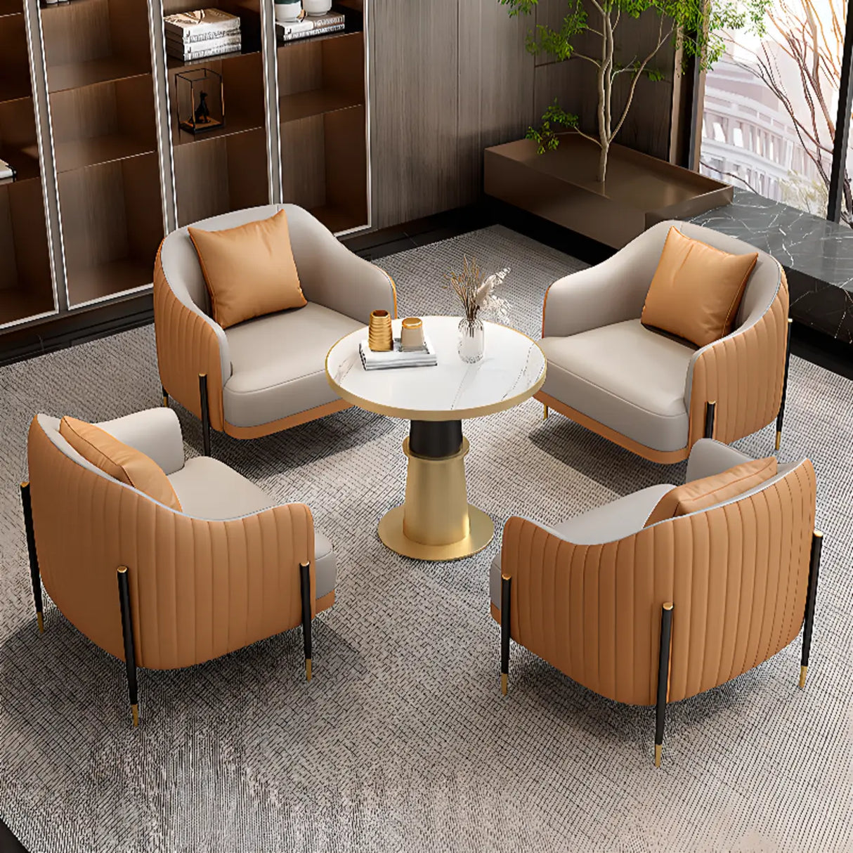 Orange Grey Leather Upholstered Back Reception Sofa Set Image - 7