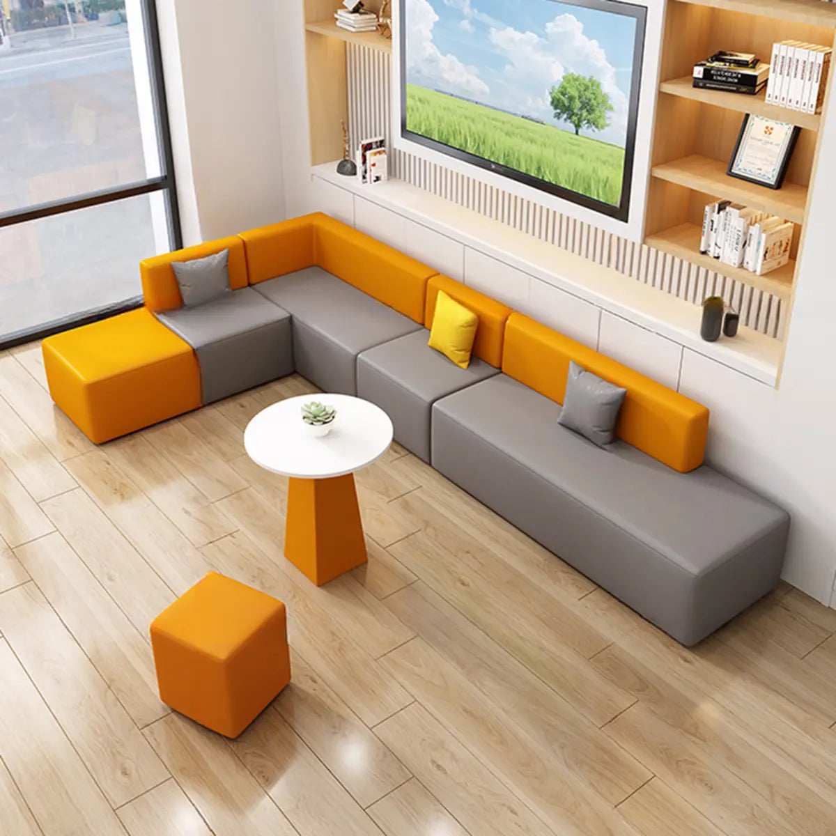 Orange Grey Nappa Leather Upholstered Back L-Shape Sofa Image - 1
