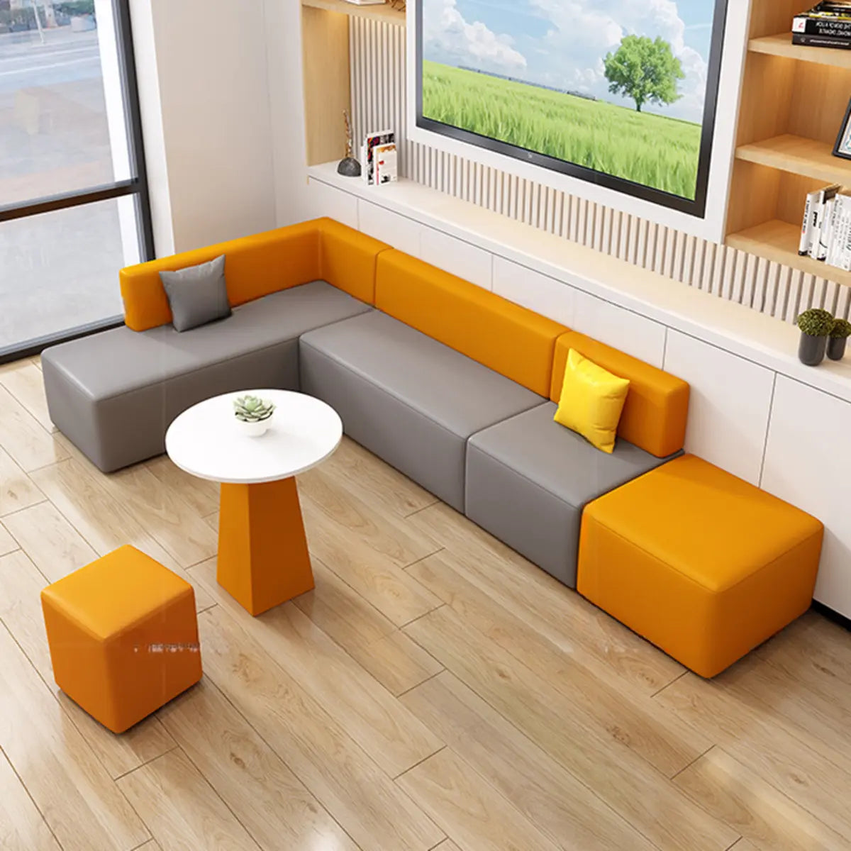 Orange Grey Nappa Leather Upholstered Back L-Shape Sofa Image - 9