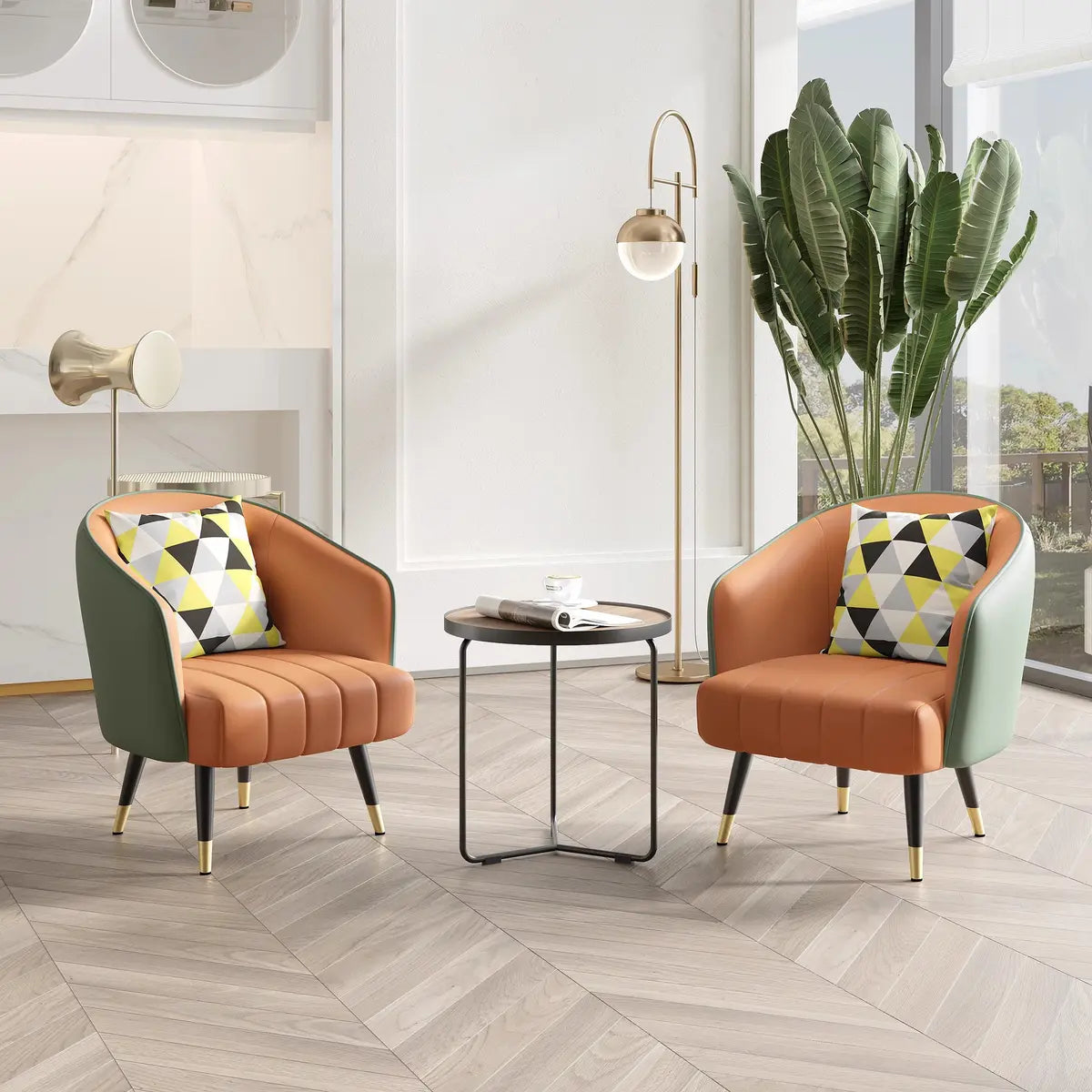 Orange Leather Four Metal Legs Textured Barrel Chair Image - 1
