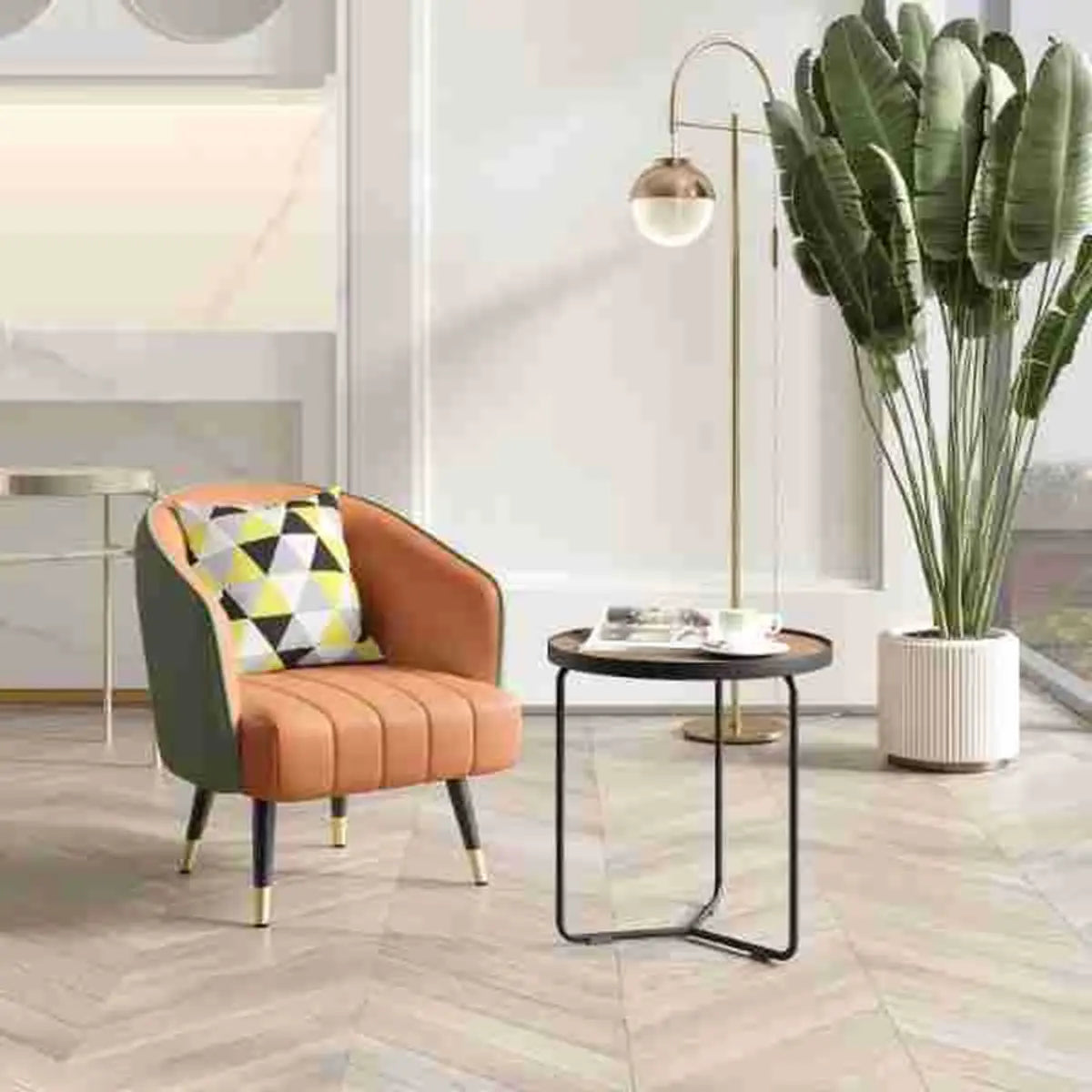Orange Leather Four Metal Legs Textured Barrel Chair Image - 2
