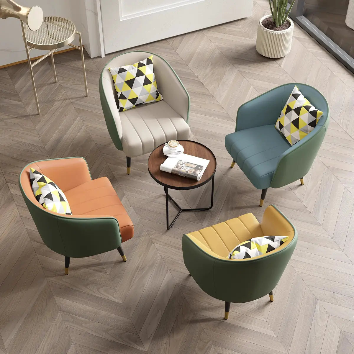 Orange Leather Four Metal Legs Textured Barrel Chair Image - 6