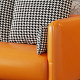 Orange Leather Square Arm Pillow Back 3 Seats Sofa Image - 10