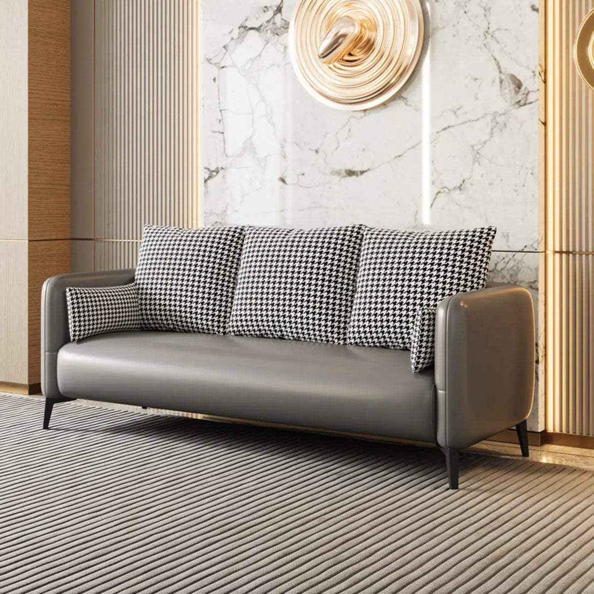 Orange Leather Square Arm Pillow Back 3 Seats Sofa Image - 2