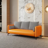 Orange Leather Square Arm Pillow Back 3 Seats Sofa Image - 3