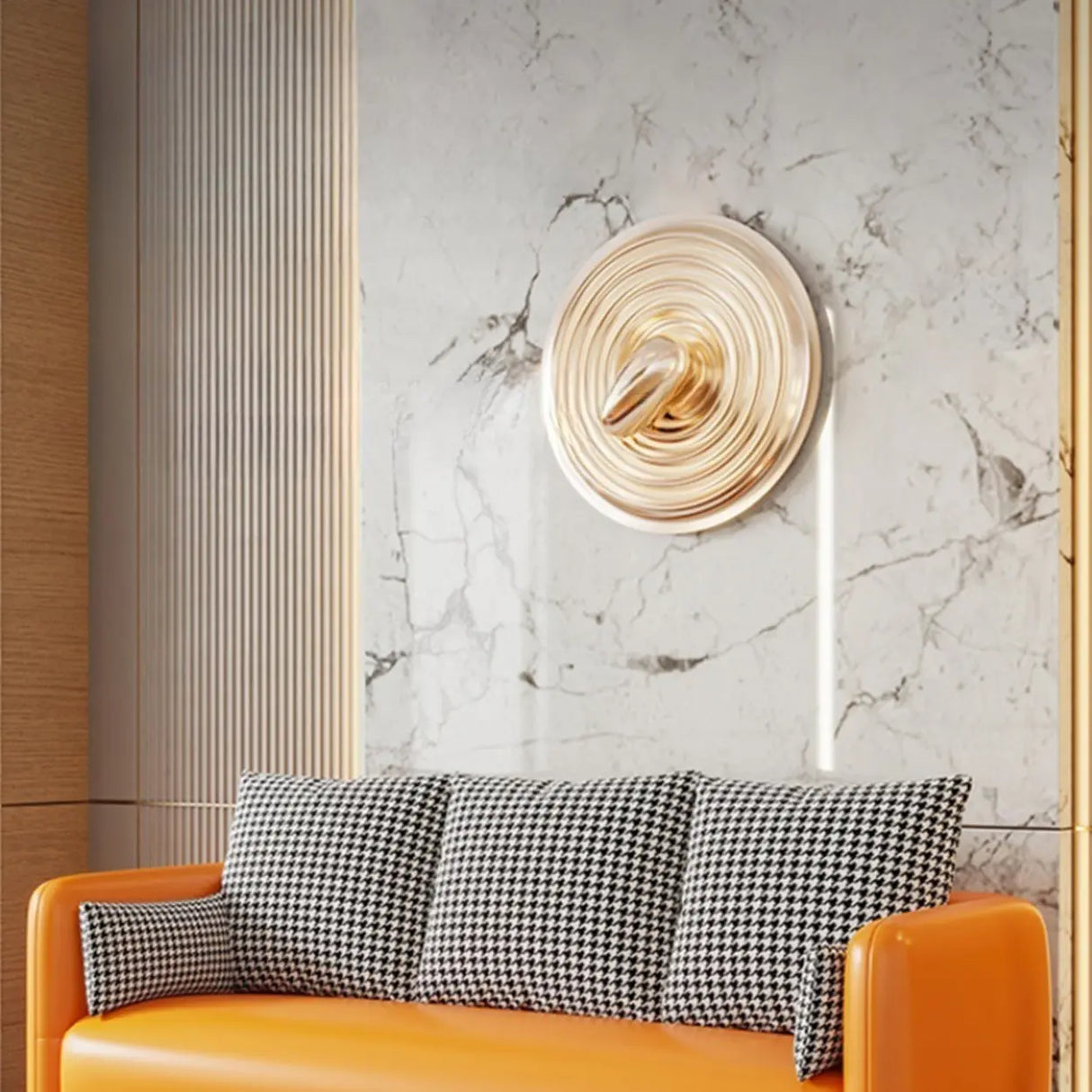 Orange Leather Square Arm Pillow Back 3 Seats Sofa Image - 4