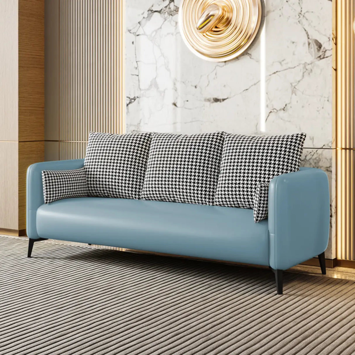 Orange Leather Square Arm Pillow Back 3 Seats Sofa Image - 7