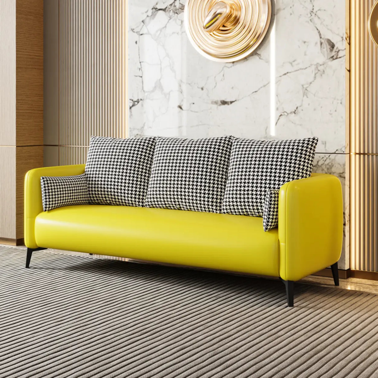 Orange Leather Square Arm Pillow Back 3 Seats Sofa Image - 9