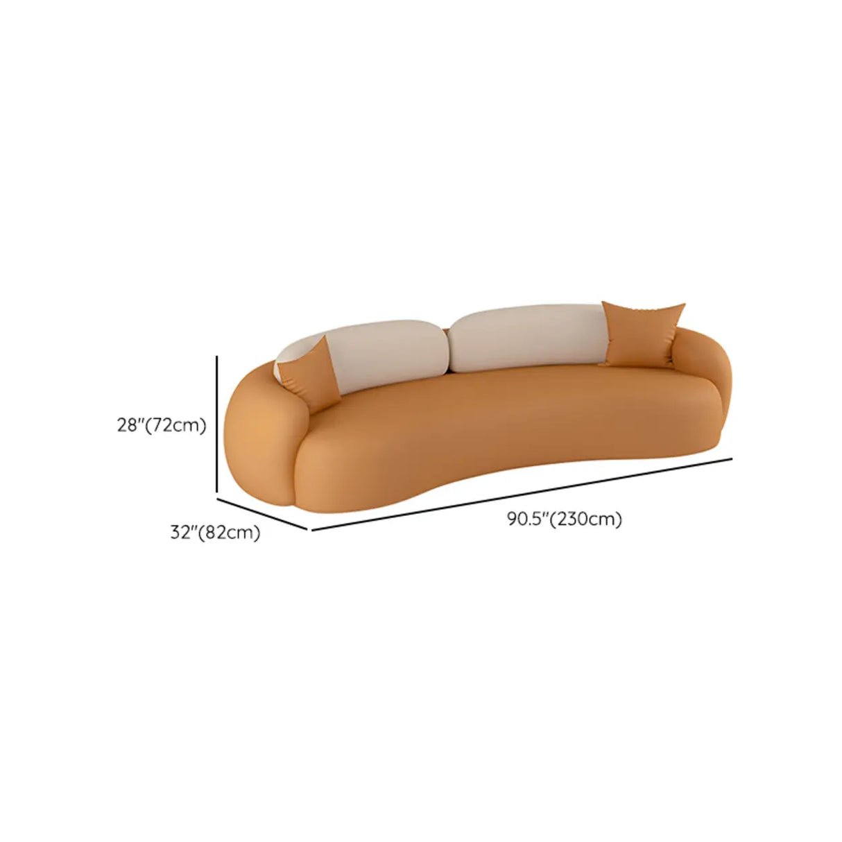 Orange Leather Tuxedo Arm Sewn Pillow Back Curved Sofa Image - 10