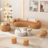 Orange Leather Tuxedo Arm Sewn Pillow Back Curved Sofa Image - 5